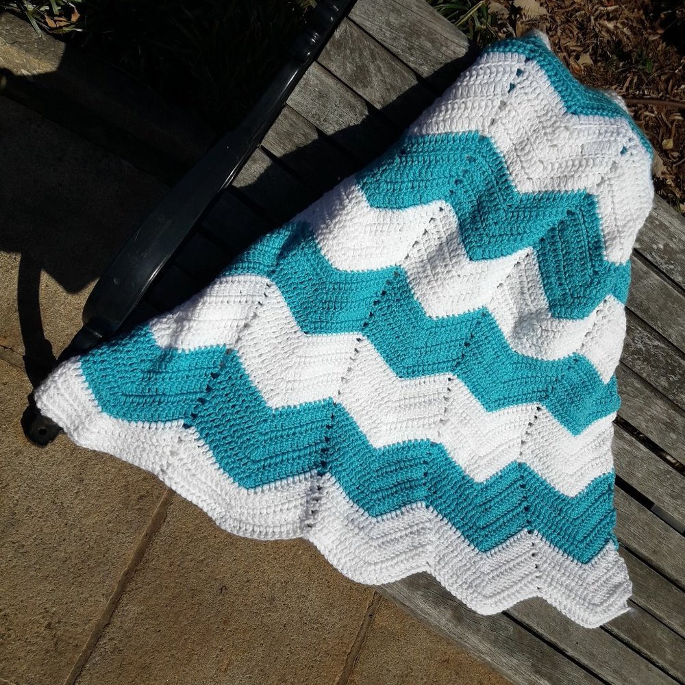 Afghan Quilt Crochet Hand Embroidery Crocheted Blanket Teal White Throw Baby Zig